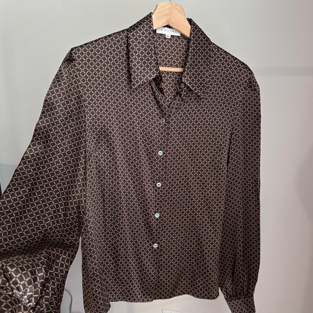Vintage Celine Silk Tan Brown Patterned Button Down Shirt, Size 42 , US 10 - Picture 3 of 16